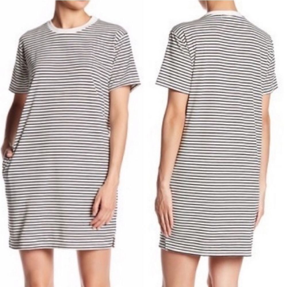 Cotton Emporium Women's Black Stripe  Cotton Crewneck Short Sleeve T-shirt Dress